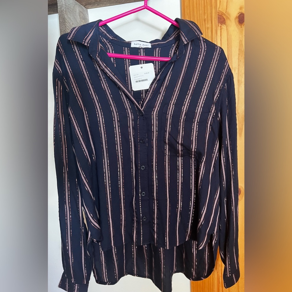 New with tags- Bella Dahl Round Hem Navy blue button down Top